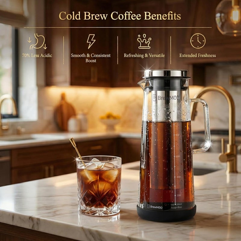 BrewMOO - Airtight Cold Brew Coffee Maker Pitcher, 1.4L/48Oz Thick Glass Carafe with Filter, Comfort Sturdy Handle & Wide Spout, Non-Slip Base | Iced Tea Maker (Black) - Image 2